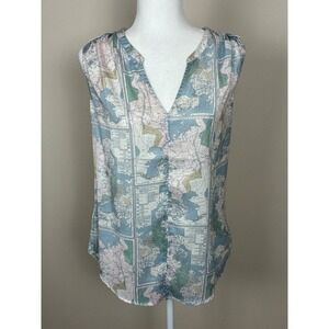ModCloth Womens World Map Print Sleeveless V-Neck Blouse Pastel Blue Pink Medium